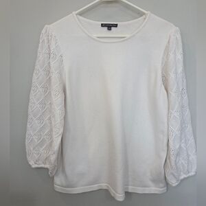 Adrianna Papell Top White Bubble Balloon Sleeve Diamond Pattern Knit Sz Large